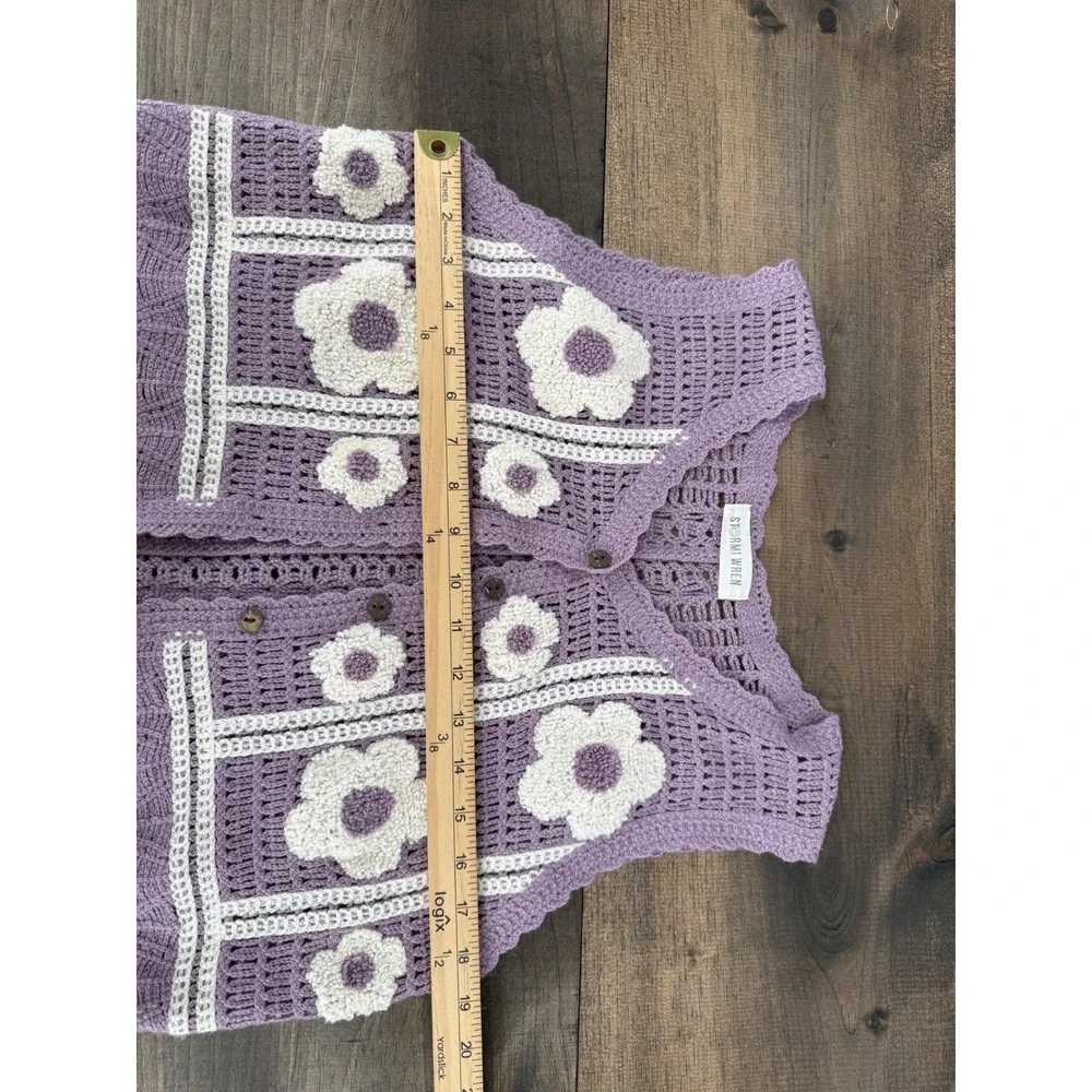 Stormi Wren Crochet Floral Sweater Vest Lavender Boho Cottagecore Button Front S
